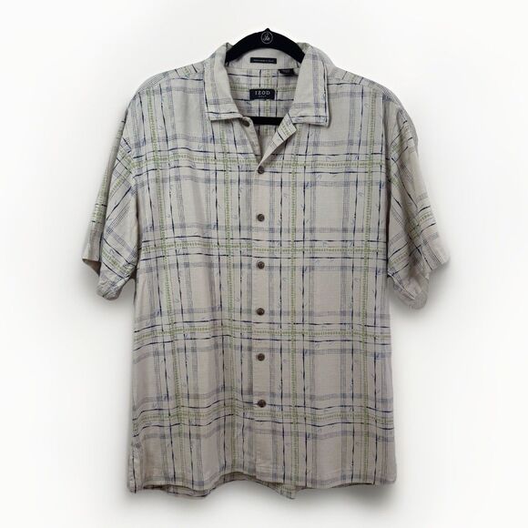 Izod Golf Shirt Washable 100% Silk Button Up Large Beige Hawaii Aloha Shirt - Picture 1 of 12